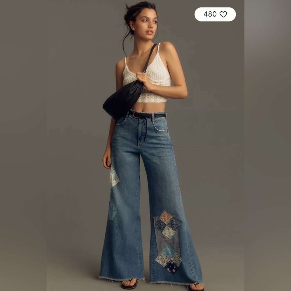 The Adi Mid-Rise Patchwork Frayed Relaxed Flare Jeans From Anthropologie - Picture 2 of 7